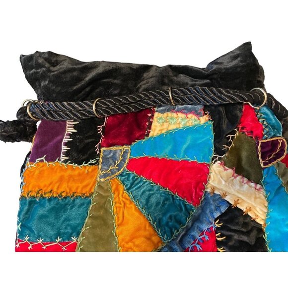 Colorful Patchwork Drawstring Bohemian Velvet Bucket Bag - Picture 4 of 6